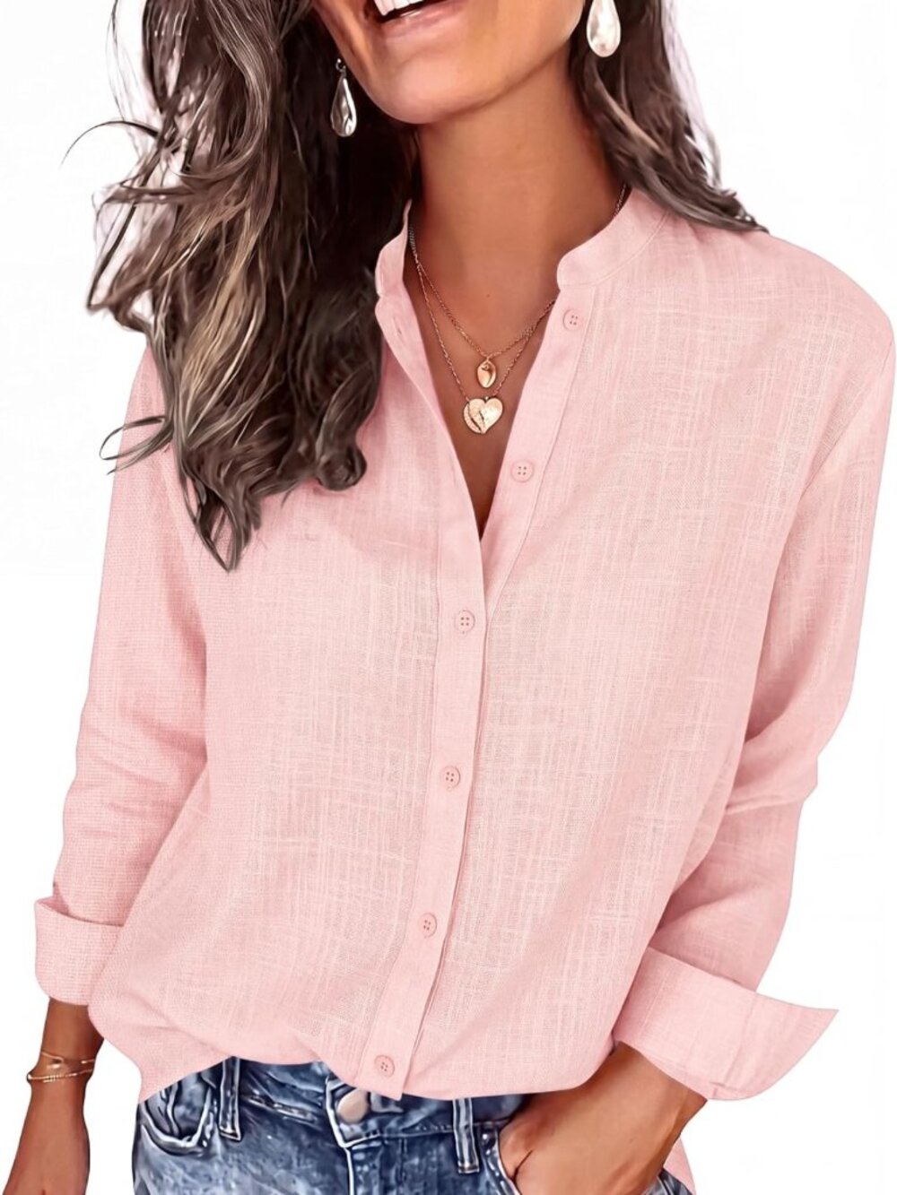Casual Long Sleeve Cotton Blouse with Mandarin Collar - Stylish Button-Down
